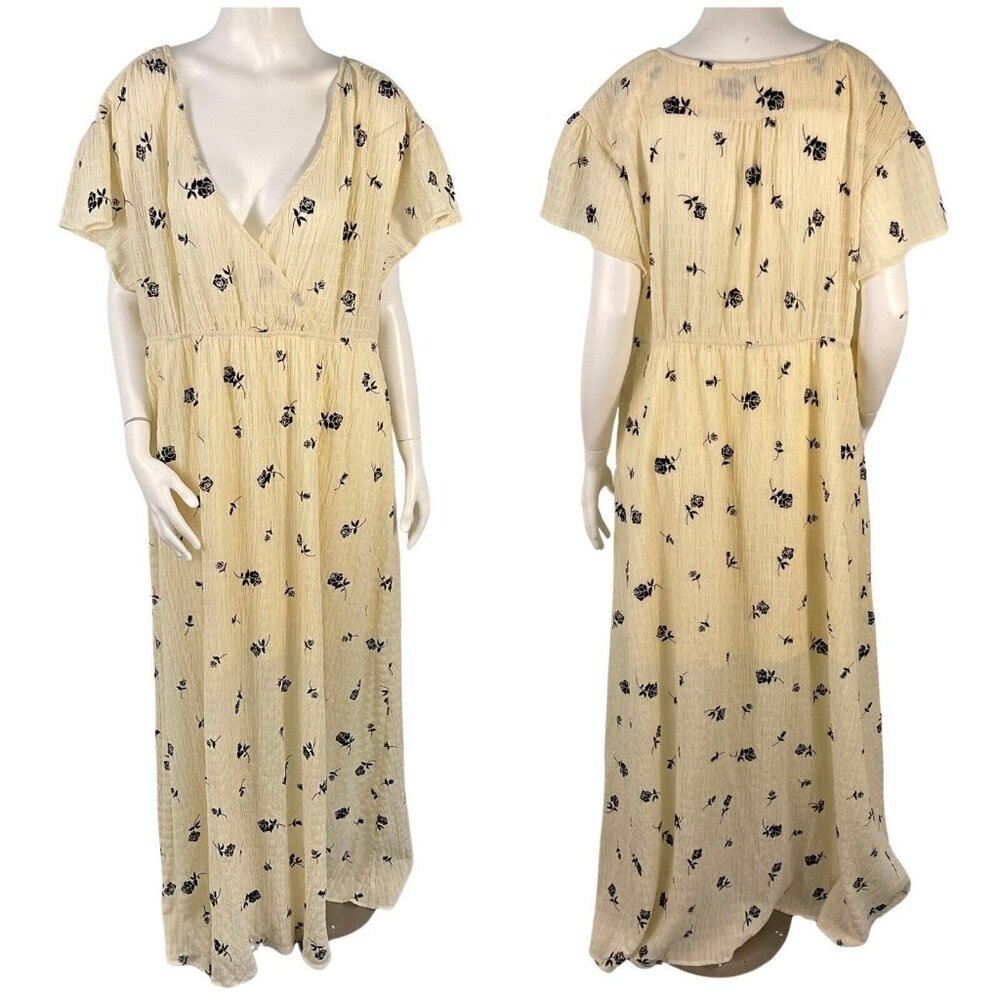 See N Be Seen Plus Size 3X Faux Wrap Maxi Dress Ivory Black Velvet Rose‎ Print